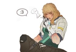 1girl :3 belt blonde_hair bruise bruise_on_arm cigarette cropped_jacket deadlock_(valorant) eyebrow_cut glowing_veins hair_between_eyes half-sleeves highres injury jacket k0gaa knee_pads looking_down medium_hair mole mole_under_eye open_clothes open_jacket pants prosthesis prosthetic_hand simple_background sitting smoke smoking solo speech_bubble spread_legs thigh_strap valorant white_background 