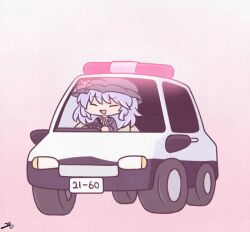  1girl 216 black_hat black_suit blazer blue_hair car closed_eyes collared_shirt commentary_request driving formal_clothes hair_between_eyes hat hat_ribbon iosys jacket motor_vehicle necktie open_mouth pink_background police police_car red_necktie red_ribbon remilia_scarlet ribbon scarlet_police shirt short_hair simple_background smile solo steering_wheel suit suit_jacket touhou 