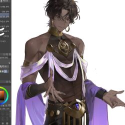  1boy arjuna_(fgo_fes._2025)_(fate) art_program_in_frame black_eyes black_hair covered_navel cowboy_shot dark-skinned_male dark_skin earrings fate/grand_order fate_(series) gold_armlet halter_shirt halterneck hoop_earrings jewelry looking_at_viewer male_focus necklace parted_bangs potato_goril purple_sash sash see-through_clothes see-through_shirt shawl shirt simple_background sleeveless smile solo wavy_hair white_background 