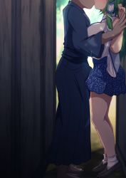  1boy 1girl blue_skirt breast_press breasts brown_footwear bulge collared_shirt commentary_request dark-skinned_male dark_skin darumoon detached_sleeves erection erection_under_clothes green_hair hair_ornament hair_tubes hetero highres japanese_clothes kiss kochiya_sanae large_breasts loafers long_hair long_sleeves print_skirt shirt shoes skirt sleeveless sleeveless_shirt snake_hair_ornament socks touhou white_legwear white_shirt wide_sleeves  rating:Sensitive score:49 user:danbooru