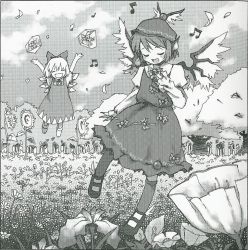  2girls animal_ears artist_request beamed_eighth_notes bird_ears bird_wings blush bohemian_archive_in_japanese_red bow check_artist cirno dress eighth_note closed_eyes fairy fingernails flower frilled_dress frills greyscale hair_bow ice ice_wings juliet_sleeves kneehighs long_fingernails long_sleeves monochrome multiple_girls music musical_note mystia_lorelei official_art open_mouth puffy_sleeves sharp_fingernails shoes short_hair short_sleeves singing smile socks tobi_(nekomata_homara) touhou winged_footwear winged_hat wings 