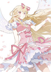  1girl absurdres aikatsu! aikatsu!_(series) angel_wings bare_arms blonde_hair bow bow_button center_frills cowboy_shot dress eyelashes fake_wings frilled_dress frilled_sleeves frills hair_between_eyes hair_ornament hair_ribbon heart heart_hair_ornament highres hoshimiya_ichigo idol layered_dress light_blush long_hair looking_ahead morgue_(southsakura) outstretched_arm parted_lips petals pink_bow pink_dress pink_eyes pink_ribbon red_eyes ribbon short_dress short_sleeves sidelocks simple_background solo spread_wings standing very_long_hair white_background white_wings wings 