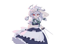  1girl apron ay606078 bow bowtie braid closed_mouth commentary green_bow green_bowtie grey_hair hair_bow hashtag-only_commentary highres izayoi_sakuya knife long_hair looking_at_viewer maid maid_headdress pocket_watch puffy_short_sleeves puffy_sleeves red_eyes short_sleeves simple_background solo touhou twin_braids waist_apron watch white_apron white_background wrist_cuffs 