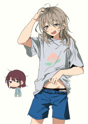  2girls absurdres black_panties blue_eyes blue_shirt blue_shorts blush brown_hair chibi commentary food_print fruit_print girls_band_cry grey_hair groin hair_between_eyes hair_down hand_in_own_hair highres iseri_nina kawaragi_momoka long_hair messy_hair multicolored_hair multiple_girls open_mouth panties peach_print piercing_hole pun roots_(hair) shao_(shaorouhong) shirt short_hair short_sleeves shorts simple_background underwear white_background white_shirt yawning  rating:Sensitive score:3 user:danbooru