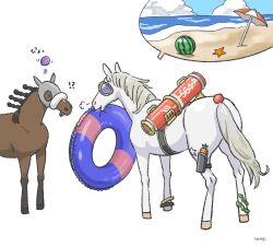  !? artist_name beach carrot commentary cosplay father_and_son food fruit gold_ship_(racehorse) gold_ship_(run_revolt_launcher)_(umamusume) gold_ship_(umamusume) gold_ship_(umamusume)_(cosplay) highres holster hood horse lifebuoy meisho_tabaru_(racehorse) nataji no_humans number_pun ocean parasol real_life sand seaweed sketch sound_effects sound_effects_only spoken_object starfish sunglasses surprised swim_ring thigh_holster umamusume umbrella watermelon 