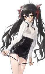 1girl black_bra black_hair blush bow bra breasts corset earrings hair_bow highres idolmaster idolmaster_cinderella_girls jewelry looking_at_viewer matoba_risa modare nail_polish see-through_clothes shirt shorts small_breasts twintails underwear white_shirt yellow_eyes rating:Questionable score:37 user:danbooru