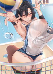  1girl armpits ball black_hair blush bouncing_breasts breasts highres huge_breasts looking_at_viewer mika_l original see-through_clothes shirt short_hair solo sportswear sweat thick_thighs thighhighs thighs volleyball volleyball_(object) volleyball_net volleyball_uniform 
