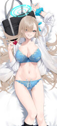 1girl absurdres asuna_(blue_archive) bag blue_archive blue_bra blue_eyes blue_panties bra breasts cirilla_lin cleavage collared_shirt condom grin hair_over_one_eye hair_spread_out highres holding holding_condom large_breasts long_hair looking_at_viewer mole mole_on_breast navel open_clothes open_shirt panties school_bag scrunchie shirt smile socks solo thighs underwear wrist_scrunchie rating:Sensitive score:38 user:danbooru