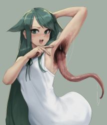  1girl :d arm_behind_head arm_up armpits bare_arms blush body_horror commentary dress eu03 green_background green_eyes green_hair hair_flaps hand_on_own_head hand_up horror_(theme) long_hair looking_at_viewer monster_girl open_mouth saliva saya_(saya_no_uta) saya_no_uta simple_background sleeveless sleeveless_dress smile solo sweatdrop teeth tongue tongue_out upper_teeth_only very_long_hair what white_dress  rating:Sensitive score:76 user:danbooru