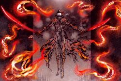 1girl absurdres ascot blood_sword bloodborne brooch calligraphy_brush_(medium) cape cutlass deadpool_yuchan dual_wielding fire full_body gloves glowing glowing_sword glowing_weapon hat hat_feather head_back highres holding holding_sword holding_weapon jewelry lady_maria_of_the_astral_clocktower pillarboxed ponytail rakuyo_(bloodborne) saber_(weapon) signature solo sword torn_clothes tricorne weapon white_hair 