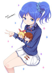 &gt;_&lt; 3girls aikatsu! aikatsu!_(series) blue_eyes blue_hair bolo_tie chibi gamuo hoshimiya_ichigo hug invisible_chair kiriya_aoi long_hair mini_person minigirl miniskirt multiple_girls school_uniform scrunchie shibuki_ran side_ponytail sitting skirt smile solo_focus sparkle white_skirt rating:General score:5 user:danbooru