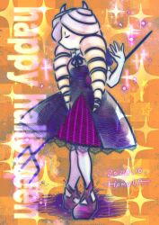  1212hommeg 1girl absurdres artist_name closed_eyes commentary_request cross-laced_footwear dated demon_horns dress drill_hair elbow_gloves gloves halloween hand_up happy_halloween highres horns justice_gakuen kirishima_yurika light_brown_hair moero!_justice_gakuen pantyhose pitchfork purple_dress purple_footwear solo white_gloves white_pantyhose 