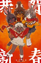 2023 4girls :&lt; :3 adjusting_scarf animal_ears animal_nose arms_up artist_name black_eyes black_hairband black_skirt bloomers blue_eyes bob_cut body_fur boots breasts brown_fur brown_hair brown_skirt buck_teeth cardigan child chinese_text coat collared_dress cropped_cardigan dated dress earmuffs female_focus full_body furry furry_female goat_ears goat_girl grey_fur hair_flaps hairband hand_up happy leg_warmers legs long_hair long_sleeves looking_at_viewer magiace mary_janes miniskirt multiple_girls neck_ribbon open_mouth orange_cardigan orange_ribbon orange_scarf orange_socks original outstretched_arms pleated_skirt rabbit_ears rabbit_girl ranta_(magiace) red_background red_cardigan red_coat red_eyes red_scarf red_shoes ribbon scarf shengdan_(magiace) shoes short_dress short_hair shuang_shuang_(magiace) sidelocks signature skirt small_breasts smile socks songrong_(magiace) standing striped_clothes striped_scarf teeth thick_eyebrows translation_request two-tone_fur v white_bloomers white_dress white_hair white_leg_warmers white_socks wide-eyed winter_clothes yellow_boots