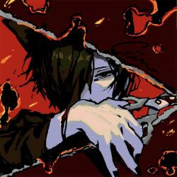  1boy animal_ears black_eyes black_nails bleeding blood brown_hair burning chino_(sky_tanosi) commentary_request cutting dog_boy dog_ears embers hair_over_one_eye hand_up holding holding_scissors looking_at_viewer male_focus original red_background red_pupils scissors short_hair solo upper_body 