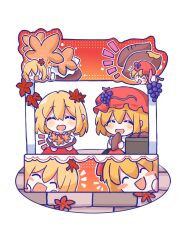  2girls aki_minoriko aki_shizuha apron autumn_leaves blonde_hair blush closed_eyes commentary facing_viewer food fruit grape_hat_ornament grapes hair_ornament hashtag-only_commentary hat highres leaf leaf_hair_ornament long_sleeves market_stall mob_cap multiple_girls open_mouth orange_apron siblings silverrain simple_background sisters smile sweet_potato thumbs_up touhou white_background 