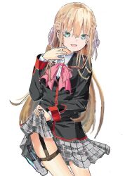  1girl blonde_hair bow braid green_eyes greenseaknight gun half_up_braid handgun heaven_burns_red jacket key_(company) little_busters! little_busters!_school_uniform long_hair long_sleeves plaid_clothes plaid_skirt ribbon school_uniform skirt solo tokido_saya toujou_tsukasa weapon white_ribbon 