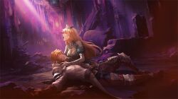  1boy 1girl armor artist_request blonde_hair blue_dress blue_hat boots brazier breasts brown_boots brown_gloves brown_hair closed_eyes coat commentary commentary_request corruption crying debris dress english_commentary frey_(king&#039;s_raid) gloves hat highres kasel_(king&#039;s_raid) king&#039;s_raid kneeling korean_commentary leg_armor lifting_person long_hair medium_breasts mixed-language_commentary official_art puffy_short_sleeves puffy_sleeves second-party_source short_sleeves shoulder_armor streaming_tears tears unconscious very_long_hair white_coat white_hat 
