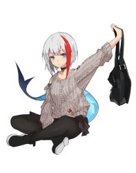 1girl admiral_graf_spee_(azur_lane) admiral_graf_spee_(peaceful_daily_life)_(azur_lane) azur_lane badge bag bare_shoulders black_pantyhose blue_eyes boots button_badge choker commentary crossed_legs female_focus fins fish_tail grey_hair highres holding holding_bag looking_at_viewer multicolored_hair page&#039;as pantyhose pleated_skirt shark_tail short_hair simple_background sitting skirt solo streaked_hair sweater tail white_background rating:Sensitive score:7 user:danbooru
