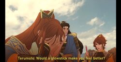  armor black_hair brown_hair closed_eyes cloud english glowstick hair_ornament hands_on_own_face highres japanese_clothes kikkawa_motoharu kobayakawa_takakage mouri_terumoto ponytail sengoku_musou sengoku_musou_5 