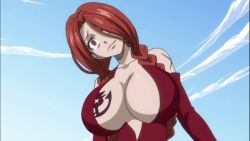 1girl blush breast_tattoo breasts chest_tattoo cleavage crying eyes_visible_through_hair fairy_tail female_focus flare_corona large_breasts long_hair looking_down red_eyes red_hair scar screencap solo tattoo tears third-party_edit  rating:Explicit score:50 user:roger_bender