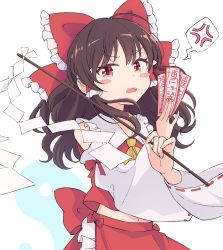  1girl anger_vein arms_up ascot bare_shoulders blush bow brown_eyes brown_hair clothing_cutout collared_shirt detached_sleeves fang frilled_bow frilled_shirt_collar frilled_skirt frills gohei hair_bow hair_tubes hakurei_reimu haruki_reimari highres holding long_hair long_sleeves looking_at_viewer navel_cutout ofuda open_mouth red_bow red_shirt red_skirt ribbon ribbon-trimmed_sleeves ribbon_trim shirt sidelocks simple_background skirt solo speech_bubble touhou white_background wide_sleeves yellow_ascot yin_yang  rating:Sensitive score:5 user:danbooru
