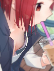 1girl bench blurry bra breast_focus breasts bubble_tea cleavage downblouse drink drinking drinking_straw holding holding_drink matching_hair/eyes original outdoors pink_bra red_eyes red_hair sho_bu_1116 short_hair sitting small_breasts solo underwear rating:Questionable score:98 user:Qwertyuiop999
