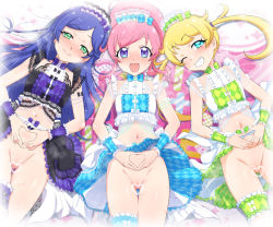3girls aoba_rinka blonde_hair blue_eyes bottomless censored closed_mouth clothes_lift green_eyes grin heart heart_censor heart_hands idol kiratto_pri_chan loli looking_at_viewer lying moegi_emo momoyama_mirai multiple_girls mushiro_(nijie728995) navel one_eye_closed open_mouth parted_bangs pink_hair ponytail presenting pretty_series purple_eyes purple_hair pussy pussy_juice skirt skirt_lift smile sparkle summer_maid_coord sweat sweatdrop twintails rating:Explicit score:336 user:danbooru
