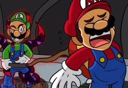 2boys aura black_hair corruption crossover dark_persona dharkon facial_hair green_headwear hal_laboratory hat highres kiravera8 luigi mario mario_(series) multiple_boys mustache nintendo one_eye_closed open_mouth overalls possessed possession red_eyes red_headwear screaming slit_pupils super_smash_bros. sweat tentacles vacuum_cleaner veins watermark rating:Sensitive score:3 user:danbooru