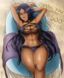  1girl absurdres arms_behind_head artist_name beach beach_towel bikini bleach bleach:_brave_souls bleach:_sennen_kessen-hen breasts collarbone dark-skinned_female dark_skin female_focus hammock highres ivizard_art93 large_breasts legs_together looking_at_viewer lying official_alternate_costume on_back parted_bangs parted_lips purple_hair sand sarong shihouin_yoruichi shiny_skin swimsuit teeth thick_thighs thighs towel yellow_eyes 