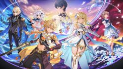  3boys 3girls aether_(genshin_impact) aratakosu_(tako&#039;s) armor black_gloves black_hair black_jacket black_pants blonde_hair blue_eyes braid braided_ponytail breasts brown_gloves brown_hair brown_pants brown_shirt cape chlothar_(genshin_impact) closed_mouth crop_top dainsleif_(genshin_impact) direidyth_(genshin_impact) dress earrings genshin_impact gloves halo holding holding_sword holding_weapon jacket jewelry long_hair long_sleeves lumine_(genshin_impact) madk midriff multiple_boys multiple_girls navel official_art paimon_(genshin_impact) pants second-party_source shirt short_hair shoulder_armor sword thighhighs weapon white_cape white_dress white_hair white_thighhighs yellow_eyes 