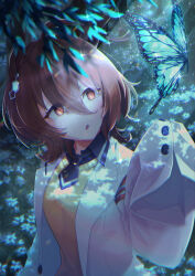  1girl :o absurdres agnes_tachyon_(umamusume) ahoge animal_ears black_necktie black_shirt blurry brown_hair bug butterfly buttons collared_shirt commentary_request dappled_moonlight depth_of_field earrings hair_between_eyes hand_up highres horse_ears horse_girl insect jewelry lab_coat looking_at_animal medium_hair messy_hair moonlight necktie pen red_eyes shirt short_necktie sidelocks single_earring sleeves_past_fingers sleeves_past_wrists solo sparkle sweater_vest tenagaebi umamusume upper_body very_long_sleeves wide_sleeves yellow_sweater_vest 