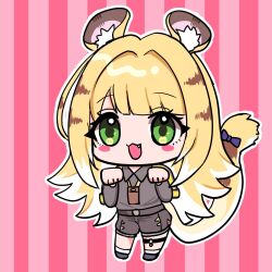  1girl animal_ear_fluff animal_ears blonde_hair covered_groin green_eyes high-waist_shorts highres jacket ju_fufu long_hair looking_at_viewer mak100510 multicolored_fur orange_fur shorts simple_background smile solo striped_fur striped_hair tail tiger_ears tiger_girl tiger_tail white_background zenless_zone_zero 