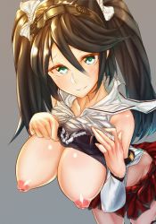  .atamuk 10s 1girl 4n. bare_shoulders black_bra blue_eyes blue_hair blush bra bra_lift breasts breasts_out brown_hair cleavage clothes_lift detached_sleeves female_focus from_above green_eyes hair_between_eyes hair_ornament hair_ribbon hairband hands_on_own_chest huge_breasts inverted_nipples isuzu_(kancolle) japanese_clothes kantai_collection large_breasts long_hair long_twintails looking_at_viewer matching_hair/eyes midriff miko miniskirt nipples no_bra perspective pleated_skirt puffy_nipples puffy_sleeves ribbon sagging_breasts school_uniform serafuku shiny_skin shirt shirt_lift simple_background skirt smile solo twintails underwear 