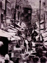  apartment building cable charcoal_(medium) market market_stall original people power_lines road scenery silhouette slow_d street town 