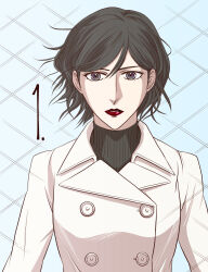  1girl black_hair blue_background buttons coat countdown fence floating_hair grey_eyes jacket red_lips shin_megami_tensei shin_megami_tensei_iii:_nocturne short_hair solo sweater takao_yuko turtleneck turtleneck_sweater upper_body watabashi_yf white_coat white_jacket 