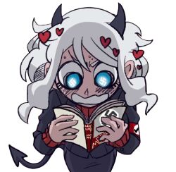  1girl armband blue_eyes business_suit demon_girl demon_horns demon_tail formal_clothes heart helltaker horns mein_kampf meme modeus_(helltaker) nazi suit swastika swastika-shaped_pupils sweater tail third-party_edit turtleneck turtleneck_sweater white_hair 