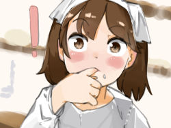 ! 1girl blush brown_eyes brown_hair clothing_request co_botan commentary_request dot_nose female_focus finger_in_own_mouth hand_up kantai_collection long_sleeves medium_hair raised_eyebrows ryuujou_(kancolle) short_twintails solo twintails upper_body wide-eyed rating:Sensitive score:4 user:danbooru