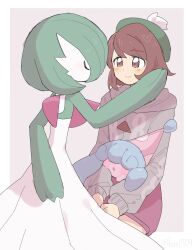  1girl blush brown_eyes brown_hair cardigan closed_mouth dress gardevoir gen_3_pokemon gen_8_pokemon gloria_(pokemon) green_hat grey_cardigan han0579 hat hatenna highres holding hood hooded_cardigan long_sleeves looking_at_viewer nintendo open_mouth pokemon pokemon_(creature) pokemon_swsh short_hair simple_background smile tam_o&#039;_shanter 