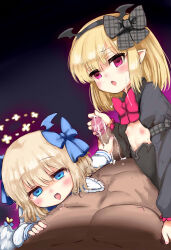  1boy 2girls ajitarou_(setsu) angel_feather_alma bat_hair_ornament black_dress black_hairband black_ribbon blonde_hair blue_eyes blue_ribbon blush cooperative_handjob cum cum_on_body cum_on_hair cumdrip dark_feather_alma dress emil_chronicle_online empty_eyes facial flat_chest hair_ornament hairband halo handjob heart heart-shaped_pupils highres loli multiple_girls pointy_ears red_eyes ribbon symbol-shaped_pupils teamwork_(sexual) tongue tongue_out white_dress white_wings wings 