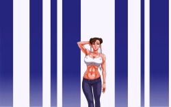  13_(kaiten_sommelier) 1girl :o bracelet breasts brown_hair camisole capcom chun-li covered_erect_nipples denim double_bun earrings female_focus fingernails hair_bun hand_on_head highres jeans jewelry large_breasts long_fingernails midriff nail_polish pants solo stomach street_fighter third-party_edit  rating:Sensitive score:20 user:zeroxdash