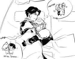  2boys angeal_hewley apple_on_head armor black_hair blanket chibi closed_eyes commentary cornbaijin18605 crying cuddling english_commentary english_text final_fantasy final_fantasy_vii final_fantasy_vii_ever_crisis genesis_rhapsodos gloves heart highres lucrecia_crescent male_focus mother_and_son multiple_boys pauldrons pillow ponytail sephiroth sephiroth_(ever_crisis) short_hair shoulder_armor sleeping speech_bubble sweatdrop tearing_up tent thought_bubble under_covers yaoi zzz 