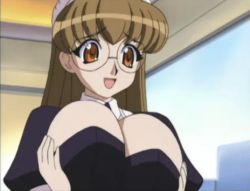  00s 1girl animated animated_gif anime_screenshot breast_lift breast_press breasts breasts_squeezed_together bursting_breasts cleavage glasses huge_breasts kuribayashi_yayoi looping_animation lowres mouse_(anime) round_eyewear solo tagme 