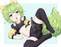  1girl animal_ear_fluff animal_ears batazungharn benri_(batazungharn) bike_shorts black_shorts black_sports_bra black_thighhighs blue_eyes breasts commentary cropped_jacket female_masturbation fox_ears fox_girl fox_tail green_hair heart highres hitachi_magic_wand jacket loli masturbation masturbation_through_clothes navel no_shoes open_clothes open_jacket open_mouth original paid_reward_available pussy_juice sex_toy short_hair short_shorts shorts simple_background small_breasts solo sports_bra spread_legs tail thighhighs toes vibrator yellow_jacket 