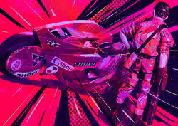  1boy akira_(manga) english_text jacket kaneda_shoutarou&#039;s_bike kaneda_shoutarou_(akira) mergedvisible motor_vehicle motorcycle pants pill red_background red_jacket red_pants red_theme solo sport_motorcycle standing star_(symbol) sticker weapon 