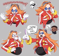  1boy 1girl absurdres agent_stone animal_ears blue-tinted_eyewear blue_eyes breasts coat dr._eggman eggma&#039;am facial_hair genderswap genderswap_(mtf) gloves goggles goggles_on_head grin highres long_hair long_sleeves mustache nikkikaji orange_hair red_coat round_eyewear smile sonic_(live_action) sonic_(series) sonic_the_hedgehog_(movie) sonic_the_hedgehog_(movie) sunglasses thighhighs tinted_eyewear white_gloves zipper_pull_tab 