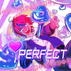  absurdres ahoge alien_stage black_pants black_streaks blank_eyes blush claw_pose commentary crying crying_with_eyes_open derivative_work drawstring english_commentary full-face_blush gameplay_mechanics grey_jacket heart heart_out_of_chest highres hood hoodie jacket male_focus mixed-language_text multicolored_hair multicolored_jacket pants parody purple_background red_hair short_hair streaked_hair sumino_takumi takumiaotsuki tears the_hundred_line_-last_defense_academy- two-tone_background two-tone_jacket white_background white_hoodie 