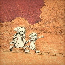  2girls absurdres ahoge blush bow cirno closed_eyes commentary_request cookie_(touhou) detached_sleeves dress full_body grass hair_bow hakurei_reimu highres holding_hands long_hair micha_(cookie) monochrome muimui_(4242564muimui) multiple_girls one_eye_closed open_mouth orange_theme outdoors ribbon-trimmed_sleeves ribbon_trim shoes short_hair sleeveless sleeveless_dress smile snot touhou tree walking yamato_(cookie) 