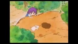  1990s 1994 accident aged_down akazukin_chacha animated barefoot blue_hair bottomless brown_hair child crying falling feet pee peeing peeing_self purple_hair rabbit riiya scared shiine shiine_(akazukin_chacha) shota tagme tears underwear video wet_sheets 