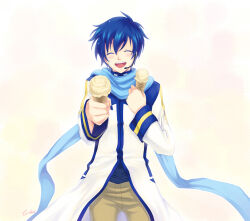  1boy black_shirt blue_hair blue_scarf blush brown_pants closed_eyes coat commentary_request cowboy_shot crodire food holding holding_ice_cream_cone ice_cream ice_cream_cone incoming_food kaito_(vocaloid) male_focus open_mouth pants scarf shirt short_hair simple_background smile solo teeth upper_teeth_only vocaloid white_background white_coat 