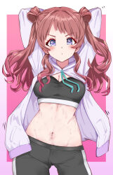 1girl absurdres ankomochi142 arms_behind_head arms_up black_leggings black_sports_bra blush breasts brown_hair cleavage commentary_request cowboy_shot gakuen_idolmaster hanami_saki highres idolmaster jacket leggings linea_alba long_hair looking_at_viewer medium_breasts navel pink_background solo sports_bra stomach sweat two_side_up white_jacket 